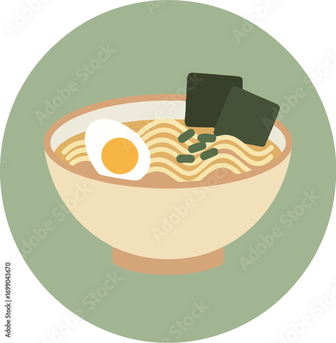 Illustration of a bowl of ramen with noodles, egg, nori, and green onions on a soft green background