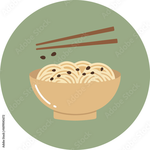 Close-up of a bowl of noodles with sesame seeds and chopsticks on a green background
