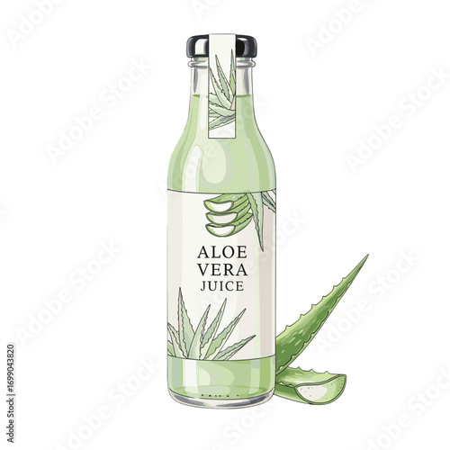 Refreshing Aloe Vera Juice in Glass Bottle with Natural Aloe Leaves for Hydration and Wellness