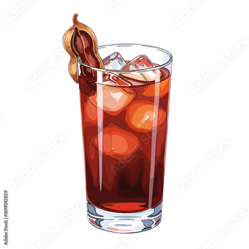 Refreshing iced tamarind drink in a tall glass, garnished with a natural tamarind pod, perfect for a hot summer day, vector illustration on a white background
