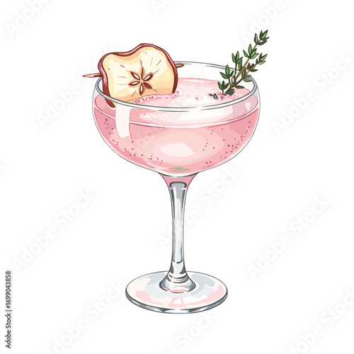 Refreshing Pink Cocktail in Elegant Glass with Apple Slice and Thyme Garnish for Summer Events