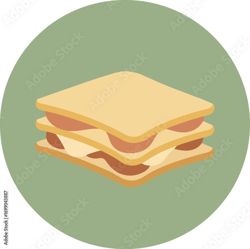 Illustration of a layered dessert resembling lasagna with creamy fillings and crisp golden-brown sheets, centrally framed within a circular border on a muted green background