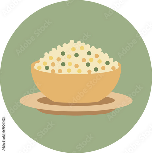 Close-up of a bowl of white rice with multicolored dots on grains, set against a green background