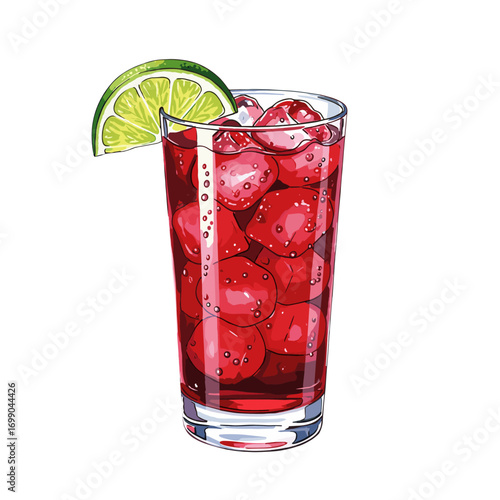 Refreshing red beverage in a tall glass with ice cubes and a fresh lime wedge, perfect for summer drinks or cocktails on a white background.