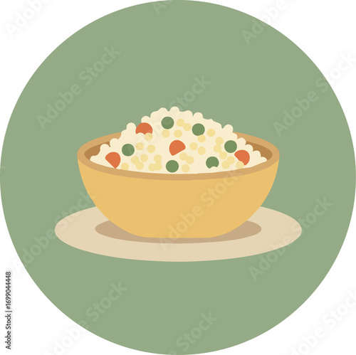 Yellow bowl with white cereal and red and green fruit bits on a white plate