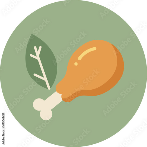 Single cooked chicken drumstick with green leaf on light green background in circular composition