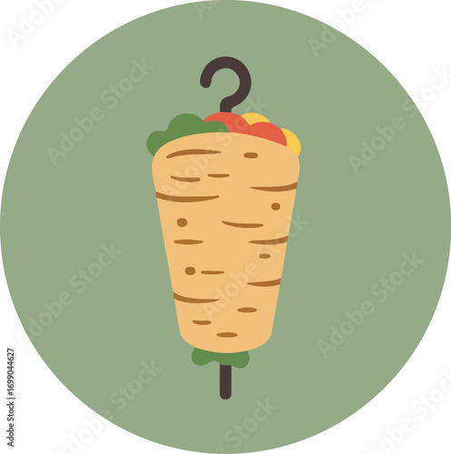Close-up of a shawarma with grilled meat, lettuce, and tomato slices hanging from a hook on a green background