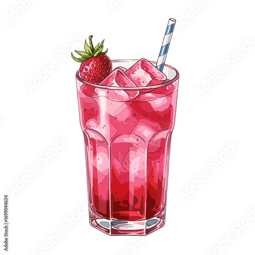 Refreshing Strawberry Beverage with Ice and Straw in a Clear Glass