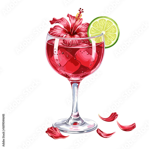 Refreshing red cocktail with hibiscus flower and lime garnish in a stemmed glass, perfect for summer drinks and tropical celebrations.