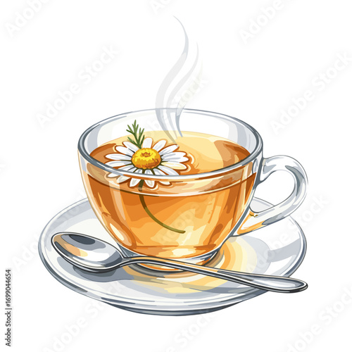 Steaming chamomile tea in a clear glass cup with a delicate flower floating, served on a white saucer with a silver spoon, a relaxing herbal beverage for comfort and wellness.