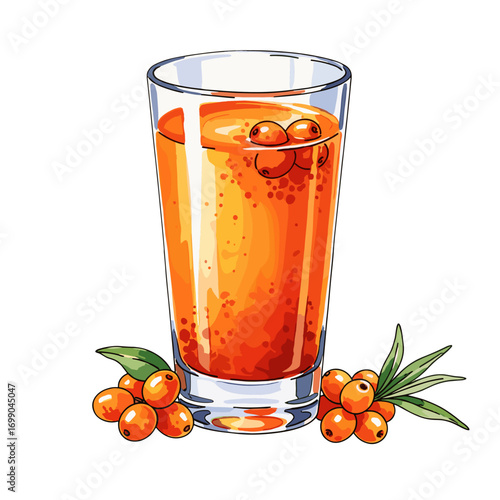 Refreshing sea buckthorn juice in a clear glass, surrounded by fresh orange berries and green leaves, a healthy natural beverage illustration.