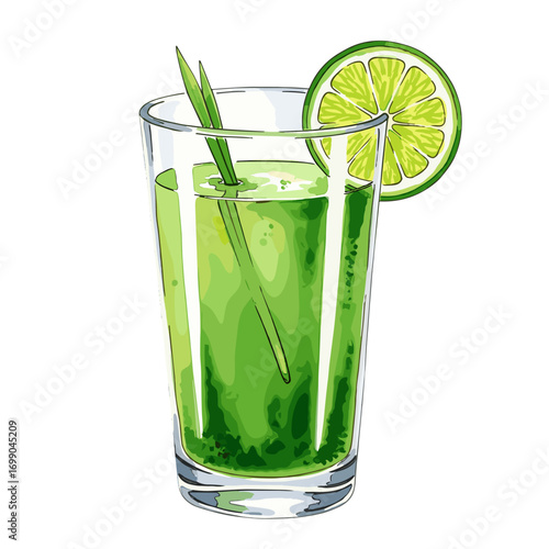 Refreshing green detox drink illustration with lime slice and herbal garnish in a clear glass, perfect for health and wellness concepts.