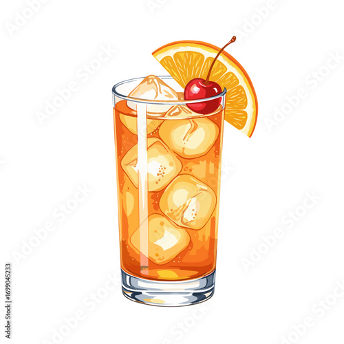 Refreshing Summer Drink with Ice, Cherry, and Orange Slice for Hot Days