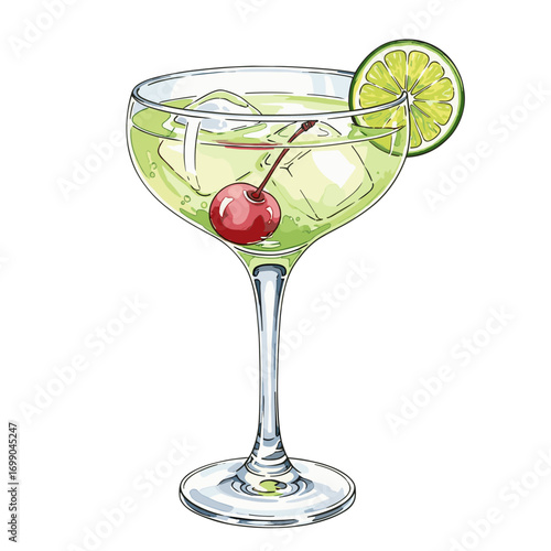 Colorful Cocktail with Cherry and Lime Garnish Served in a Stylish Glass for Mixology and Party Events