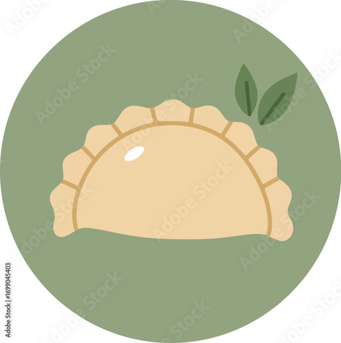 Single golden-brown dumpling with crimped edges on soft green background