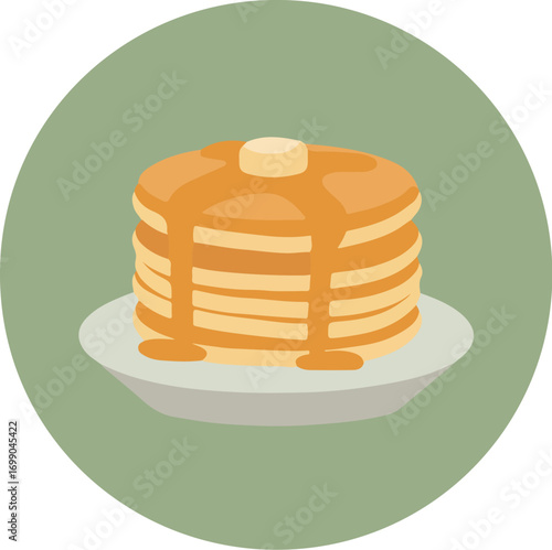 Stack of five golden-brown pancakes with butter and syrup on a green background