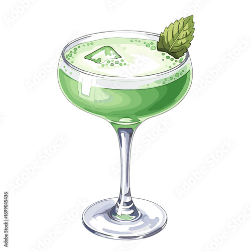 Refreshing green cocktail in an elegant coupe glass, garnished with fresh mint and ice, perfect for summer drinks and celebrations.