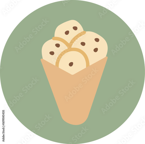 Illustration of a creamy light yellow ice cream cone with dark brown chocolate chips on a light brown cone