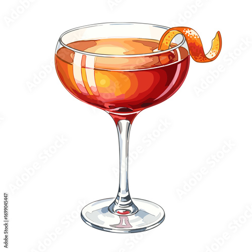 Vibrant orange and red cocktail in a classic coupe glass with an elegant citrus peel garnish, isolated on white background, illustration style
