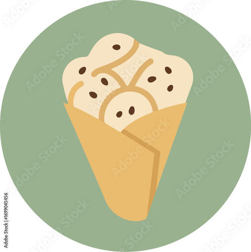 Single scoop of white ice cream in a light brown waffle cone with dark brown chocolate chips on a pastel green background