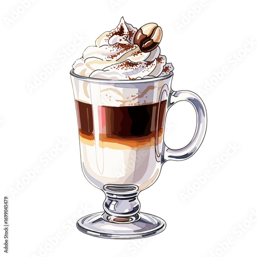 Delicious Coffee Dessert with Cream and Cocoa Topping in Clear Glass Cup