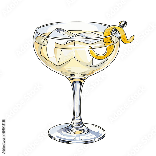 Refreshing cocktail in a coupe glass with ice and a lemon peel garnish, an elegant illustrated alcoholic beverage on a white background.
