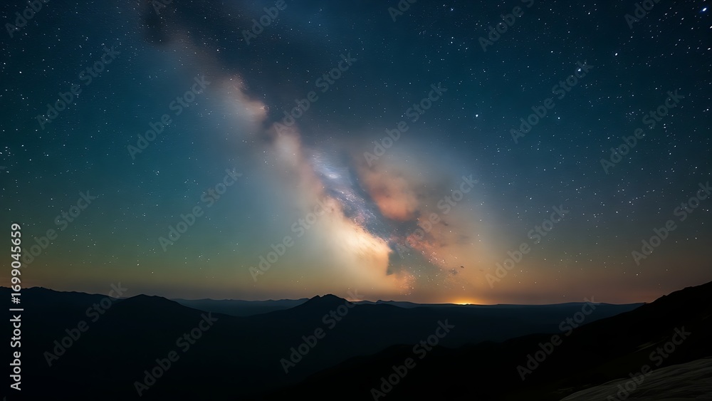 Fototapeta premium Mountain landscape under a starry night sky with the Milky Way visible, creating a serene natural scene.