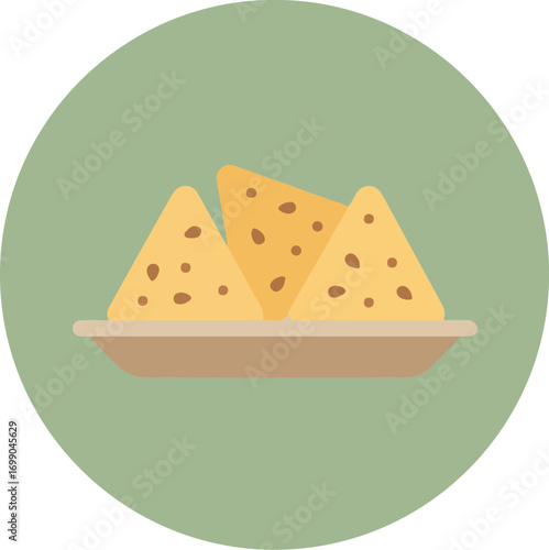 Close-up of three triangular nachos on a white plate against a green background