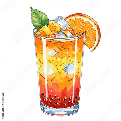 Colorful Tropical Drink with Ice and Orange Slice in a Clear Glass - Refreshing Summer Beverage