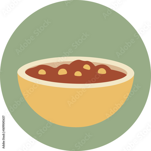 Close-up of a vibrant yellow bowl filled with dark red stew garnished with light-colored round toppings on a light green background