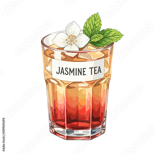 Refreshing Jasmine Tea Drink in Glass with Mint and Floral Garnish