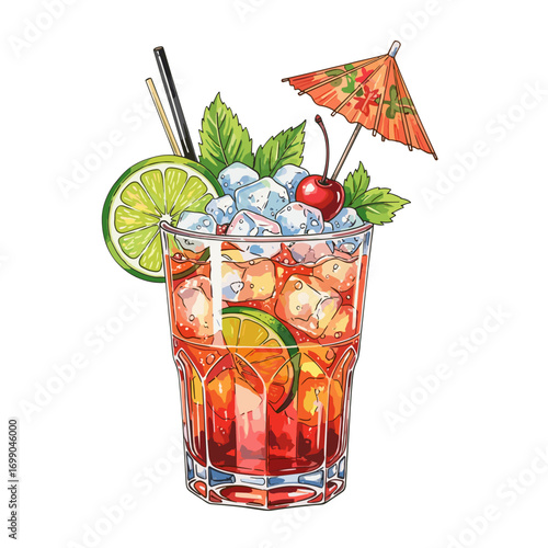 Refreshing Cocktail with Lime Cherry and Decorative Umbrella for Summer Parties