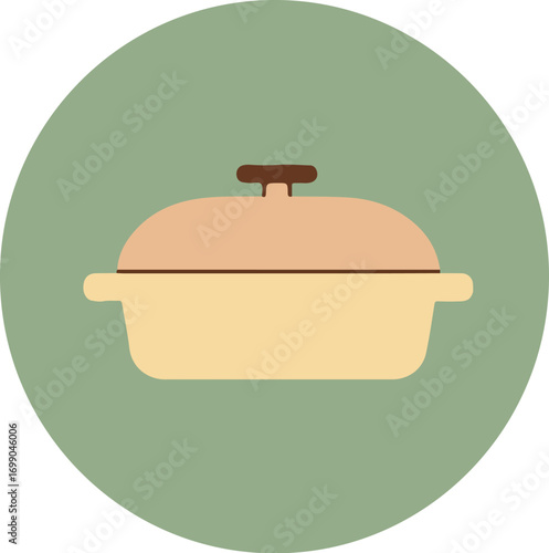 Light beige cooking pot with dark beige handles and black lid, circular green background