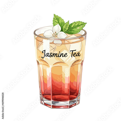 Refreshing Jasmine Tea Drink with Floral Garnish and Iced Layers in Clear Glass