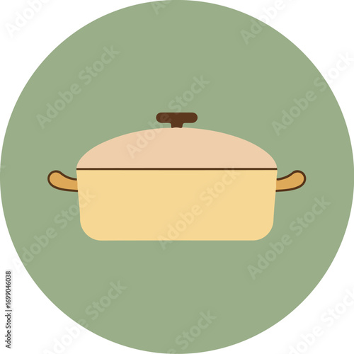 Minimalist illustration of a light beige cooking pot with brown handles and lid on a soft green circular background