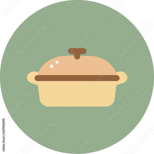 Rustic cooking pot with light brown body, dark brown handle, and round lid knob in circular frame on pastel green background