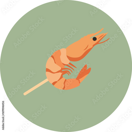 Single vibrant orange shrimp skewered on a light-colored stick against a muted green background