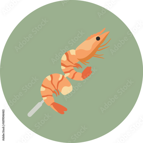 Stylized illustration of a shrimp with orange body and dark stripes on a green background