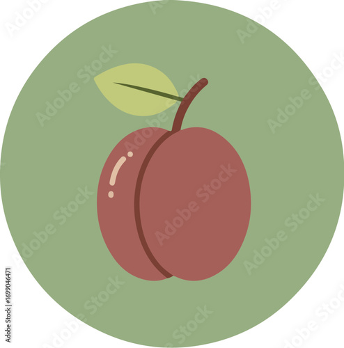 Single ripe apple with leaf on green background