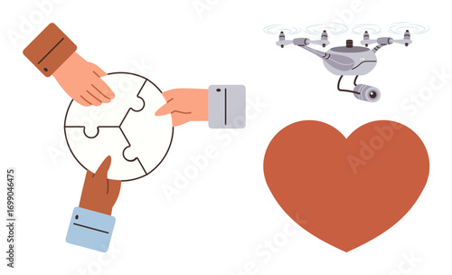 Hands join puzzle pieces symbolizing teamwork, alongside a surveillance quadcopter and heart. Ideal for cooperation, technology, security, innovation, community, problem-solving empathy. A simple flat