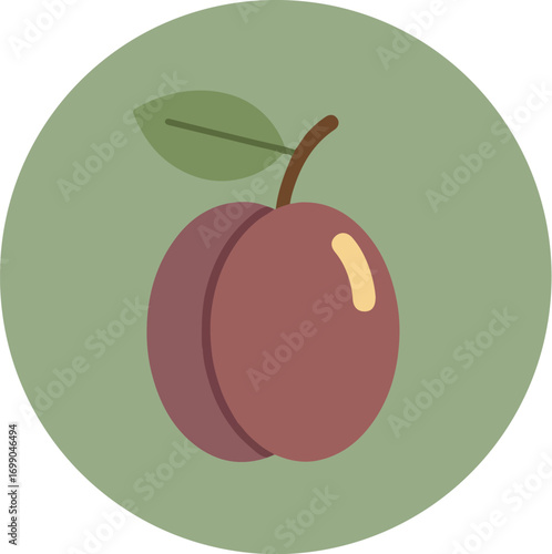 Single ripe plum with green leaf on muted green background