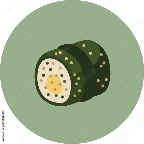 Cross-sectional view of a sushi roll with nori, rice, and sesame seeds on a light green background