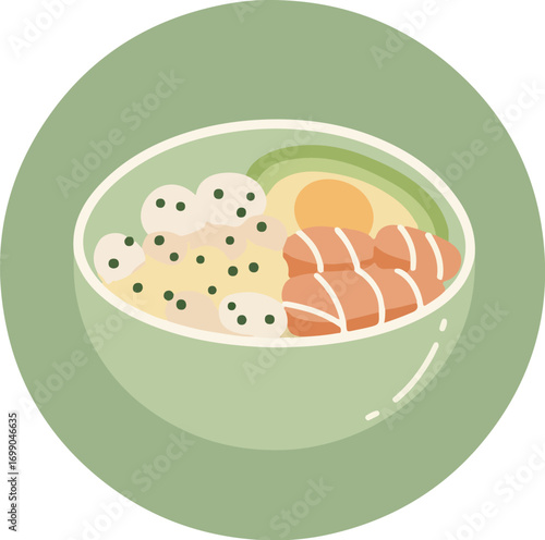 Close-up of a white bowl with rice, meat, and dumplings on a soft muted background