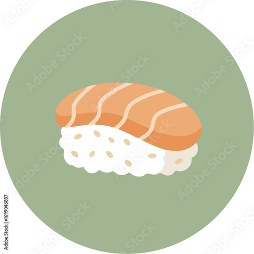 Single piece of nigiri sushi with salmon on white rice and black sesame seeds against a green background