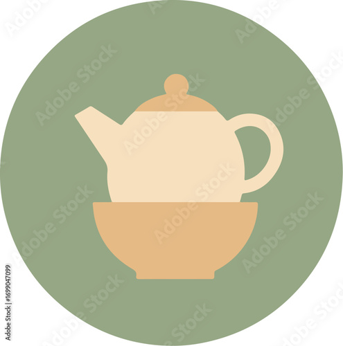 Minimalist illustration of a light beige teapot and bowl in a circular composition
