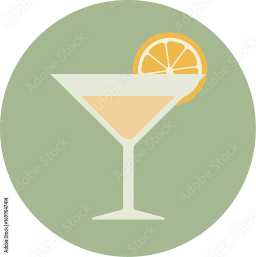 Minimalist white-outlined martini glass with light orange cocktail and orange slice on rim, circular framing, muted green background
