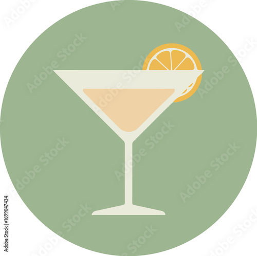 Close-up of a classic martini in a clear stemmed glass with an orange slice garnish on a green background