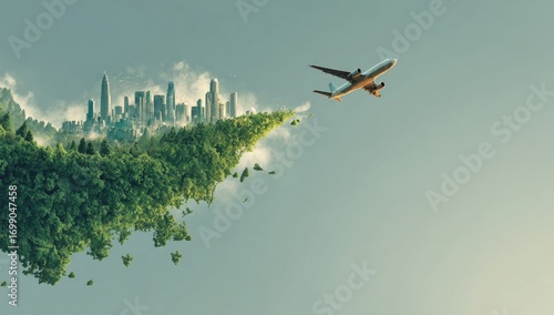 Fototapeta Naklejka Na Ścianę i Meble -  Floating green island city with plane