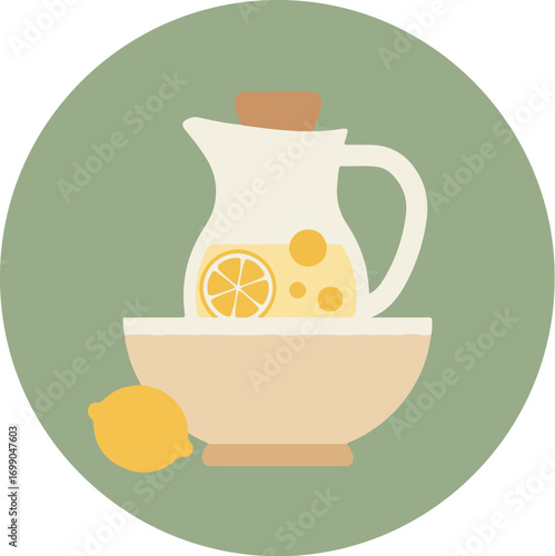 White ceramic pitcher with wooden lid and bowl, lemon slices, and lemon on light green background