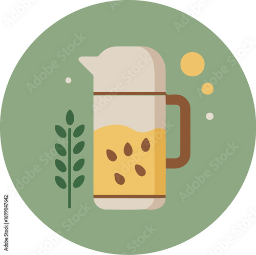 Brown beer mug with golden beer and frothy head, green plant, and yellow circles on light green background